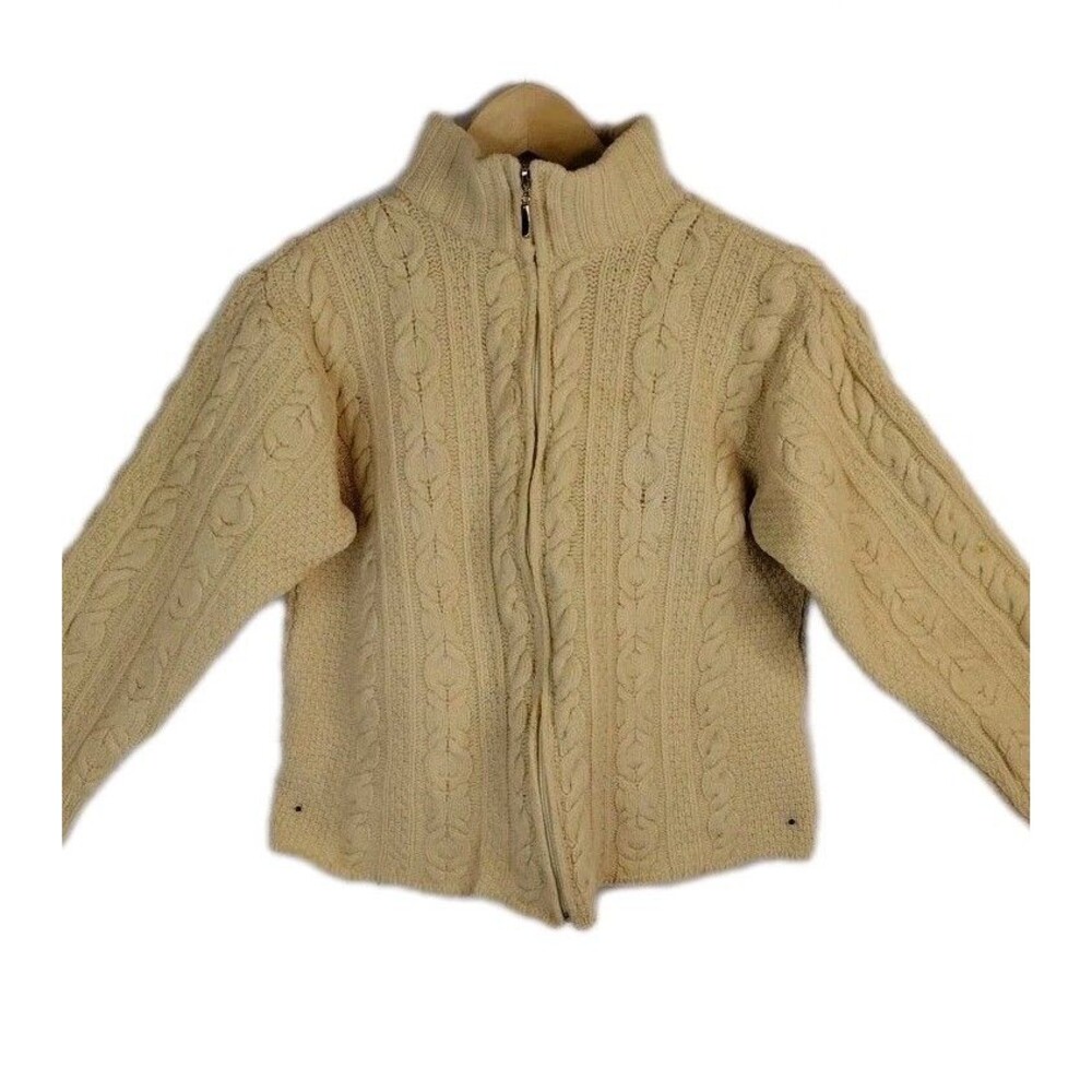 Aran Crafts Ivory Cableknit Wool Zip Sweater Jacket Sm Petite VTG